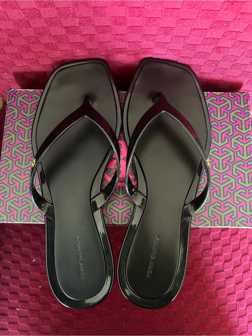 Tory Burch Black Patent Leather Square-Toe Thong Sandals - Picture 2 of 5